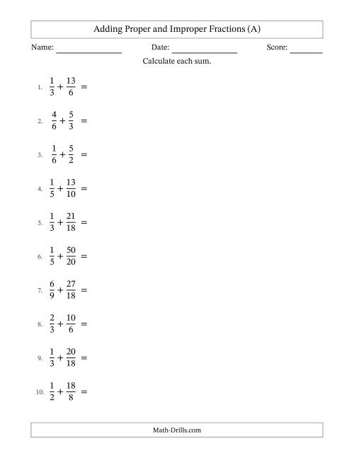 The Adding Proper and Improper Fractions with Similar Denominators, Mixed Fractions Results and All Simplifying (A) Math Worksheet