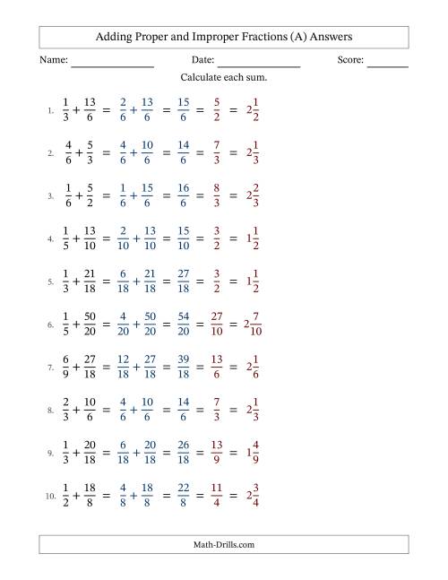 The Adding Proper and Improper Fractions with Similar Denominators, Mixed Fractions Results and All Simplifying (A) Math Worksheet Page 2
