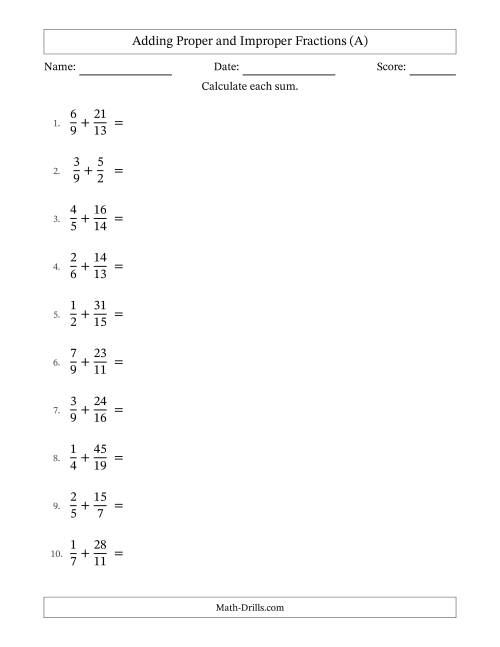 The Adding Proper and Improper Fractions with Unlike Denominators, Mixed Fractions Results and Some Simplifying (A) Math Worksheet
