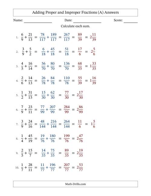 The Adding Proper and Improper Fractions with Unlike Denominators, Mixed Fractions Results and Some Simplifying (A) Math Worksheet Page 2