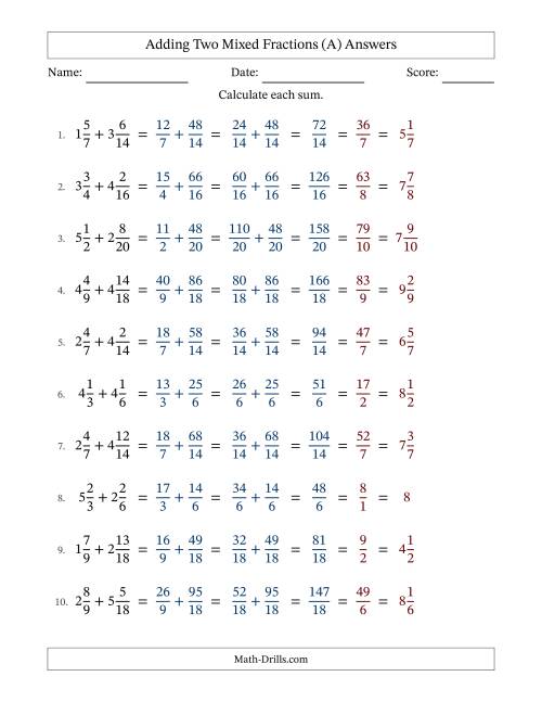 The Adding Two Mixed Fractions with Similar Denominators, Mixed Fractions Results and All Simplifying (A) Math Worksheet Page 2