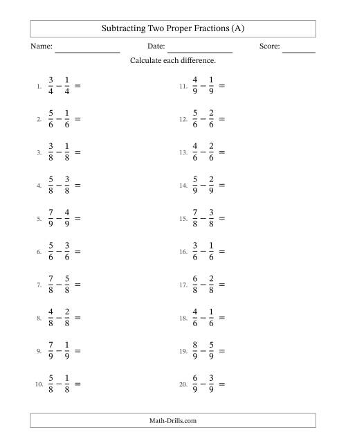 The Subtracting Two Proper Fractions with Equal Denominators, Proper Fractions Results and All Simplifying (A) Math Worksheet