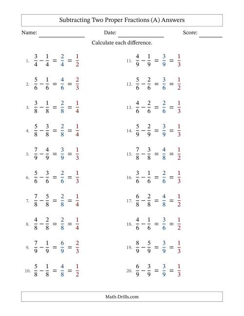 The Subtracting Two Proper Fractions with Equal Denominators, Proper Fractions Results and All Simplifying (A) Math Worksheet Page 2