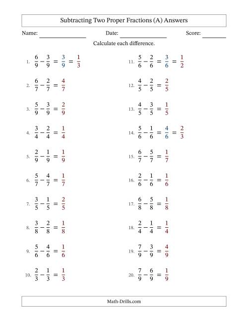 The Subtracting Two Proper Fractions with Equal Denominators, Proper Fractions Results and Some Simplifying (A) Math Worksheet Page 2