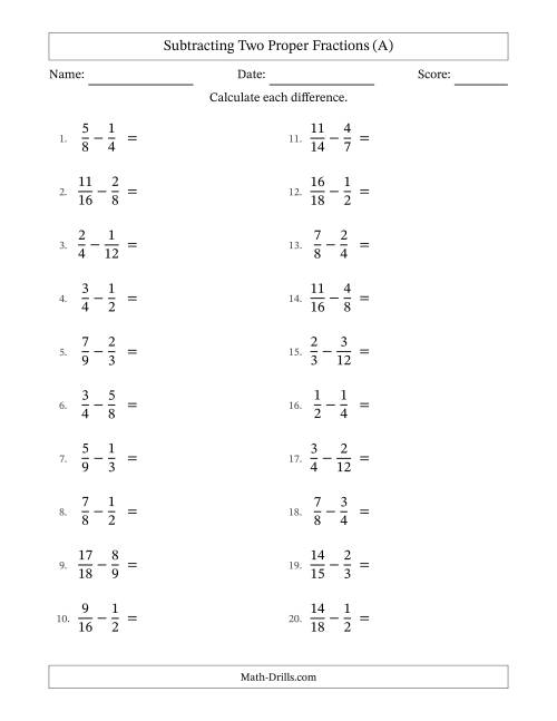 The Subtracting Two Proper Fractions with Similar Denominators, Proper Fractions Results and No Simplifying (A) Math Worksheet