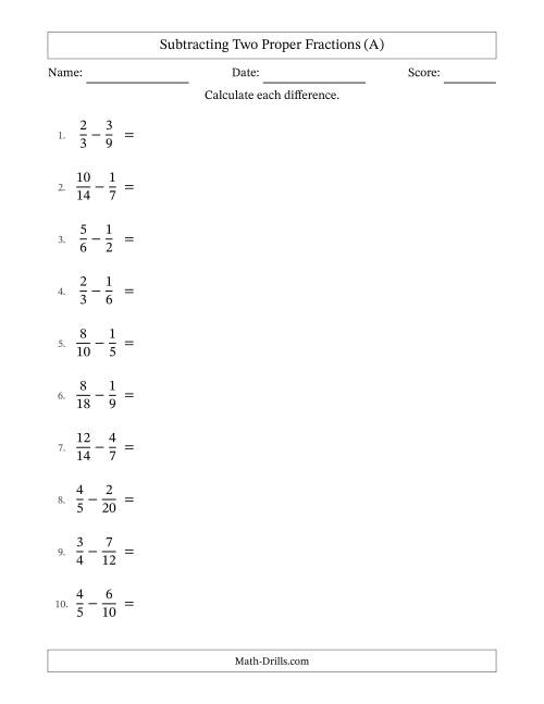 The Subtracting Two Proper Fractions with Similar Denominators, Proper Fractions Results and All Simplifying (A) Math Worksheet
