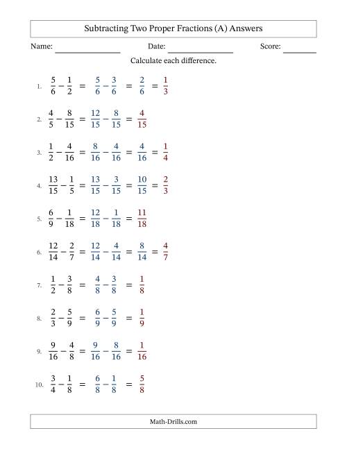 The Subtracting Two Proper Fractions with Similar Denominators, Proper Fractions Results and Some Simplifying (A) Math Worksheet Page 2