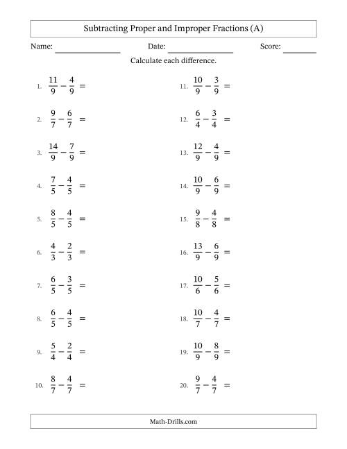 The Subtracting Proper and Improper Fractions with Equal Denominators, Proper Fractions Results and No Simplifying (A) Math Worksheet