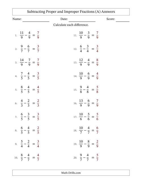 The Subtracting Proper and Improper Fractions with Equal Denominators, Proper Fractions Results and No Simplifying (A) Math Worksheet Page 2