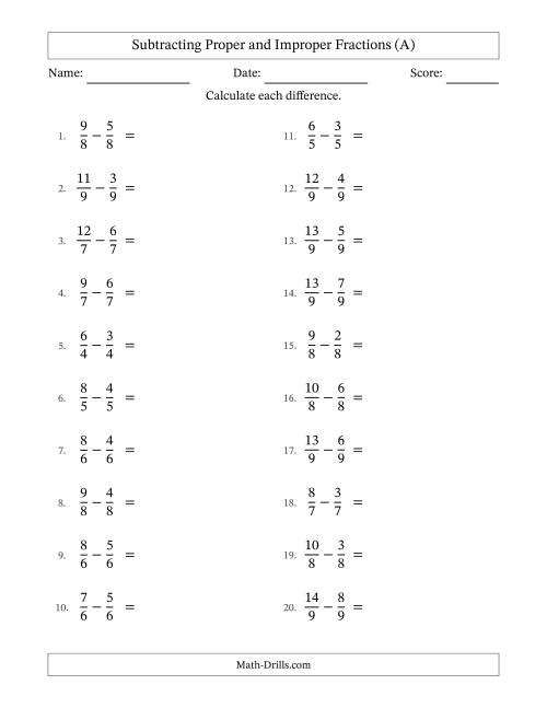 The Subtracting Proper and Improper Fractions with Equal Denominators, Proper Fractions Results and Some Simplifying (A) Math Worksheet