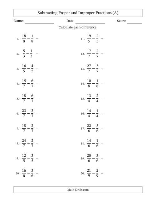 The Subtracting Proper and Improper Fractions with Equal Denominators, Mixed Fractions Results and No Simplifying (A) Math Worksheet
