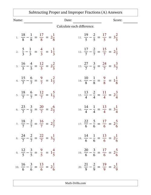 The Subtracting Proper and Improper Fractions with Equal Denominators, Mixed Fractions Results and No Simplifying (A) Math Worksheet Page 2