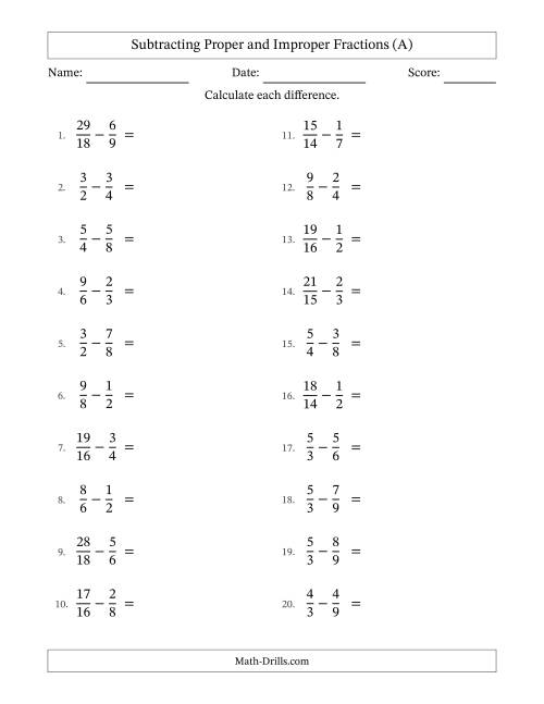 The Subtracting Proper and Improper Fractions with Similar Denominators, Proper Fractions Results and No Simplifying (A) Math Worksheet