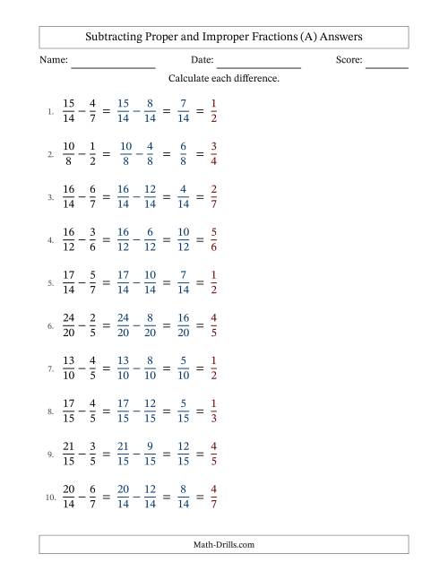 The Subtracting Proper and Improper Fractions with Similar Denominators, Proper Fractions Results and All Simplifying (A) Math Worksheet Page 2