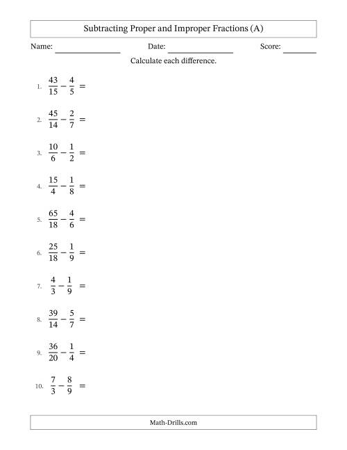 The Subtracting Proper and Improper Fractions with Similar Denominators, Mixed Fractions Results and No Simplifying (A) Math Worksheet