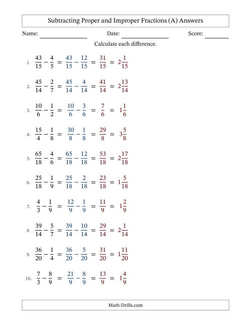 The Subtracting Proper and Improper Fractions with Similar Denominators, Mixed Fractions Results and No Simplifying (A) Math Worksheet Page 2