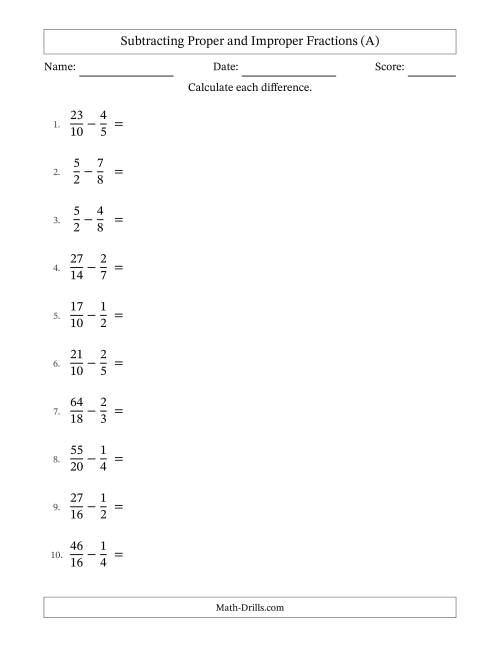The Subtracting Proper and Improper Fractions with Similar Denominators, Mixed Fractions Results and Some Simplifying (A) Math Worksheet