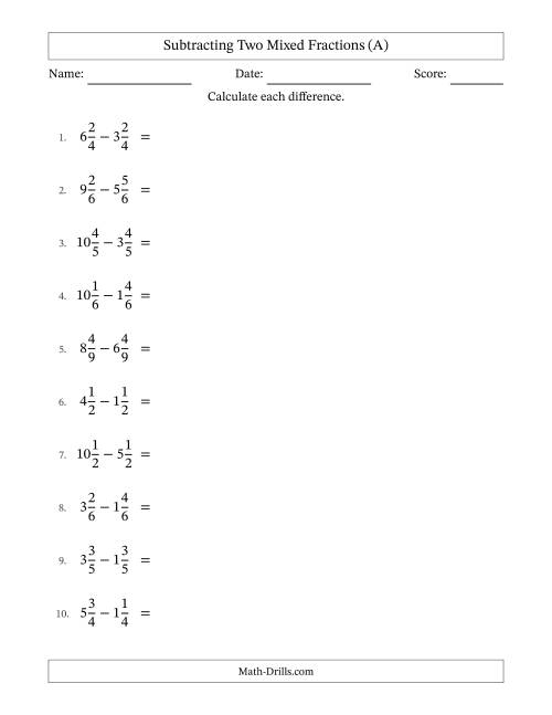 The Subtracting Two Mixed Fractions with Equal Denominators, Mixed Fractions Results and All Simplifying (A) Math Worksheet
