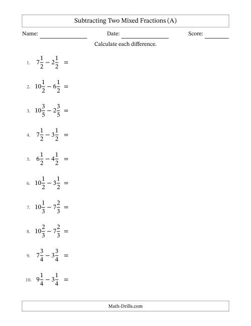 The Subtracting Two Mixed Fractions with Equal Denominators, Mixed Fractions Results and Some Simplifying (A) Math Worksheet