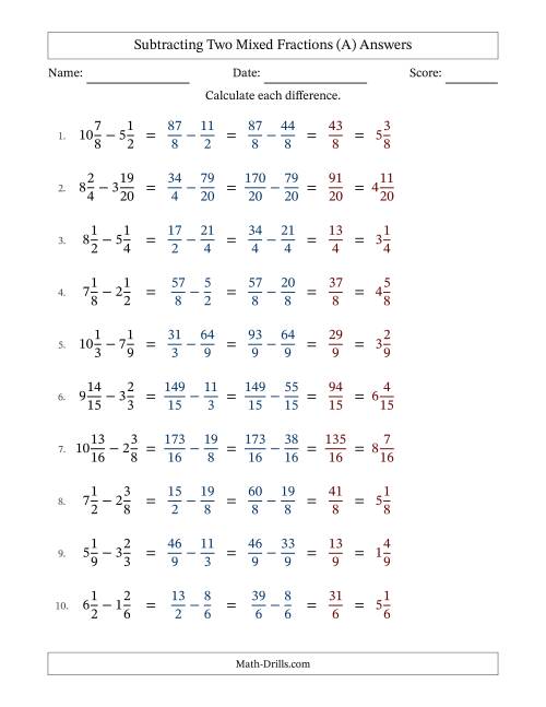 The Subtracting Two Mixed Fractions with Similar Denominators, Mixed Fractions Results and No Simplifying (A) Math Worksheet Page 2