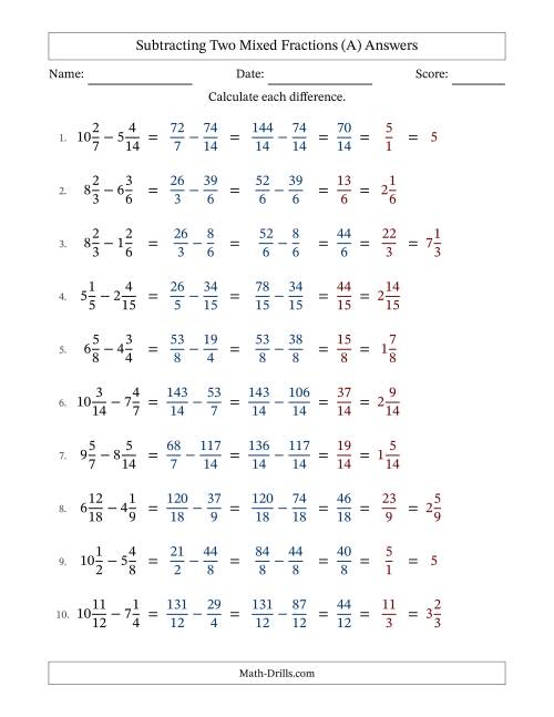 The Subtracting Two Mixed Fractions with Similar Denominators, Mixed Fractions Results and Some Simplifying (A) Math Worksheet Page 2