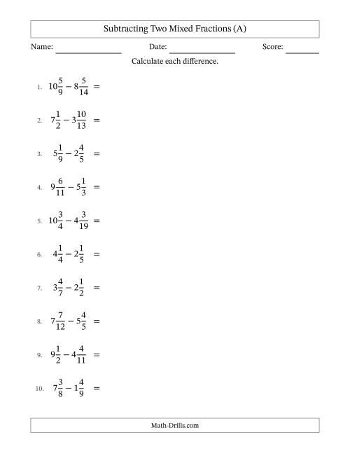 The Subtracting Two Mixed Fractions with Unlike Denominators, Mixed Fractions Results and No Simplifying (A) Math Worksheet