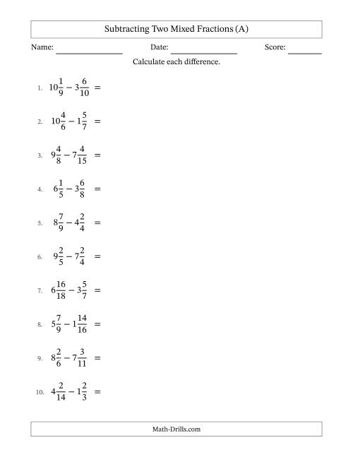 The Subtracting Two Mixed Fractions with Unlike Denominators, Mixed Fractions Results and All Simplifying (A) Math Worksheet