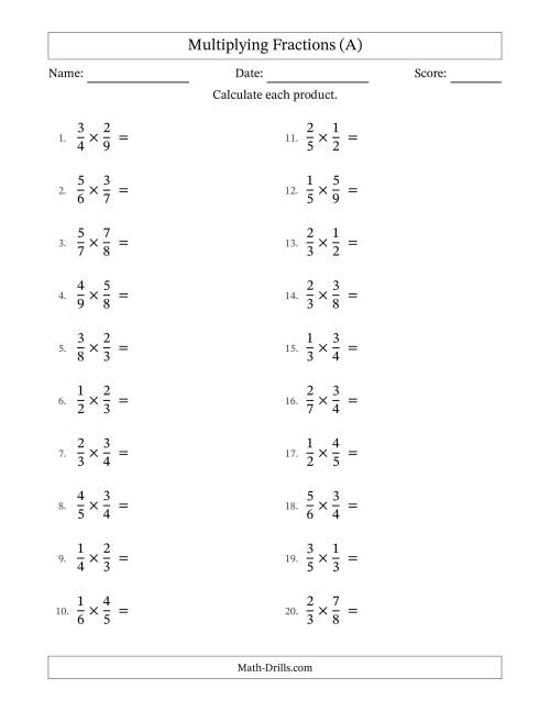 The Multiplying Two Proper Fractions with All Simplification (A) Math Worksheet