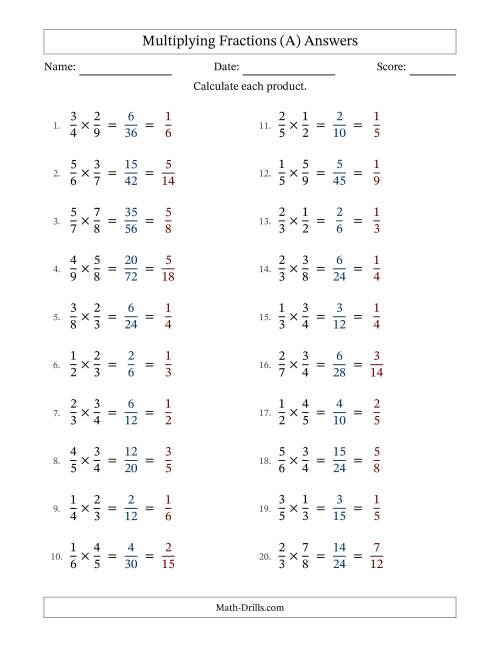 The Multiplying Two Proper Fractions with All Simplification (A) Math Worksheet Page 2