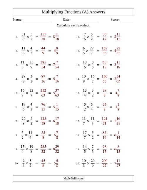 The Multiplying Two Improper Fractions with No Simplification (A) Math Worksheet Page 2