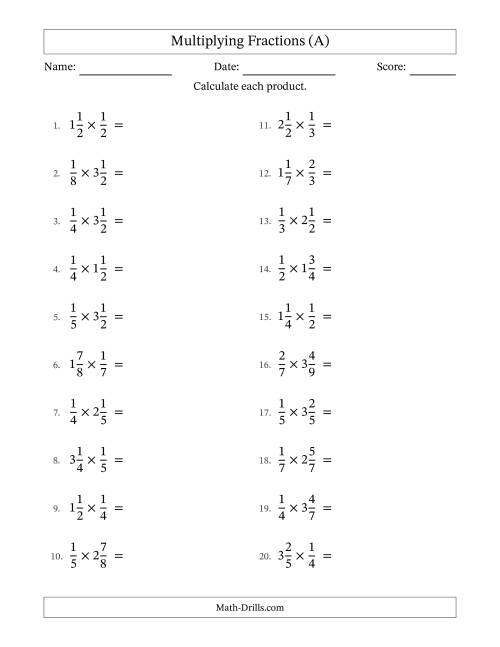 The Multiplying Proper and Mixed Fractions with No Simplification (A) Math Worksheet