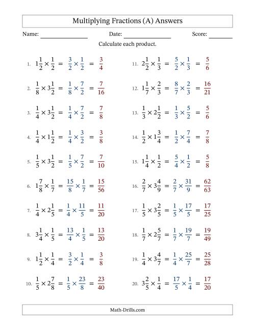 The Multiplying Proper and Mixed Fractions with No Simplification (A) Math Worksheet Page 2