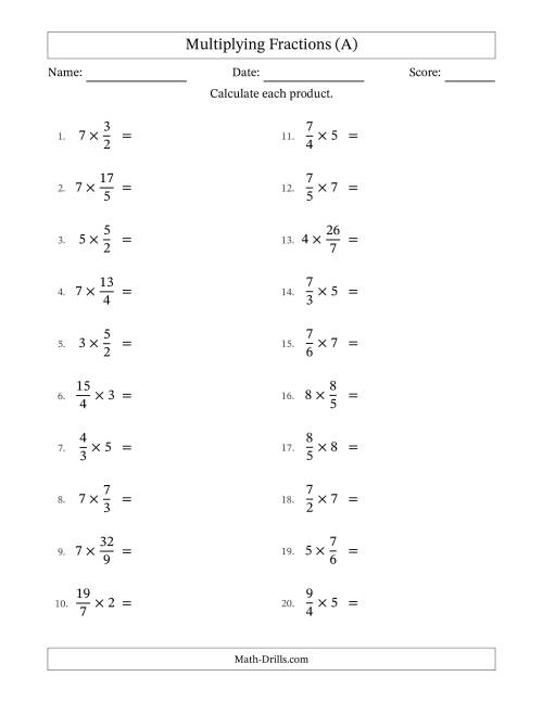 The Multiplying Improper Fractions by Whole Numbers with No Simplification (A) Math Worksheet