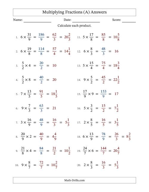 The Multiplying Improper Fractions by Whole Numbers with Some Simplification (A) Math Worksheet Page 2