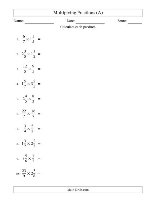 The Multiplying Proper, Improper and Mixed Fractions with No Simplification (A) Math Worksheet
