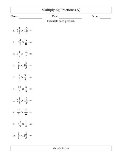 The Multiplying Proper, Improper and Mixed Fractions with All Simplification (A) Math Worksheet