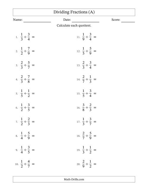 The Dividing Two Proper Fractions with No Simplification (A) Math Worksheet