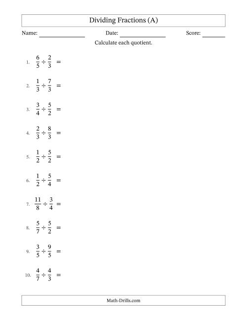 The Dividing Proper and Improper Fractions with All Simplification (A) Math Worksheet