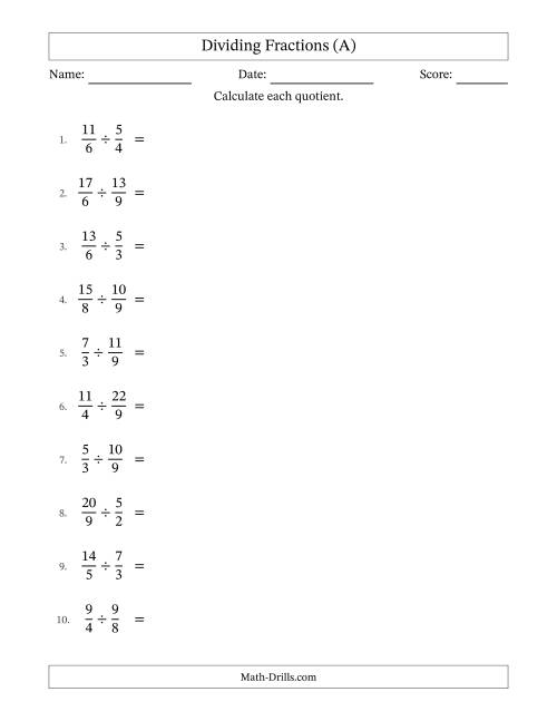 The Dividing Two Improper Fractions with All Simplification (A) Math Worksheet
