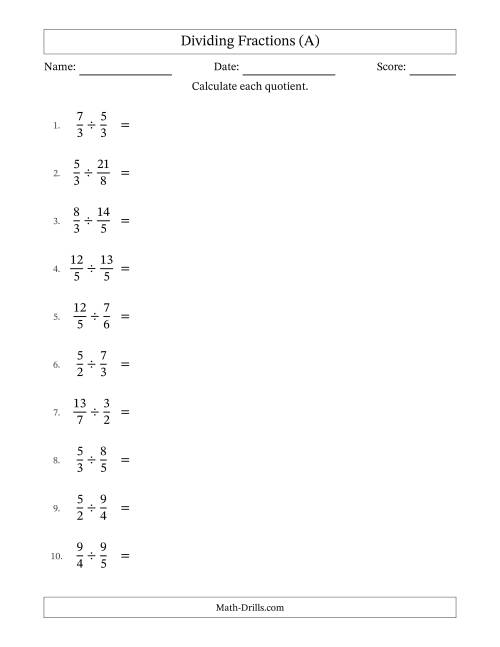 The Dividing Two Improper Fractions with Some Simplification (A) Math Worksheet