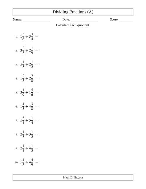 The Dividing Two Mixed Fractions with Some Simplification (A) Math Worksheet