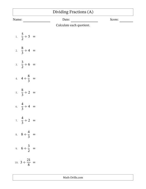 The Dividing Improper Fractions and Whole Numbers with All Simplification (A) Math Worksheet