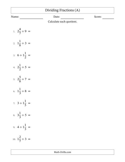 The Dividing Mixed Fractions and Whole Numbers with All Simplification (A) Math Worksheet