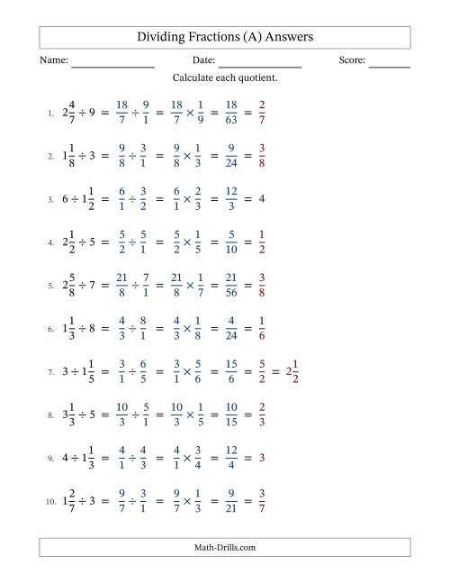 The Dividing Mixed Fractions and Whole Numbers with All Simplification (A) Math Worksheet Page 2