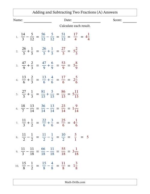 The Adding and Subtracting Proper and Improper Fractions with Similar Denominators, Mixed Fractions Results and Some Simplifying (A) Math Worksheet Page 2