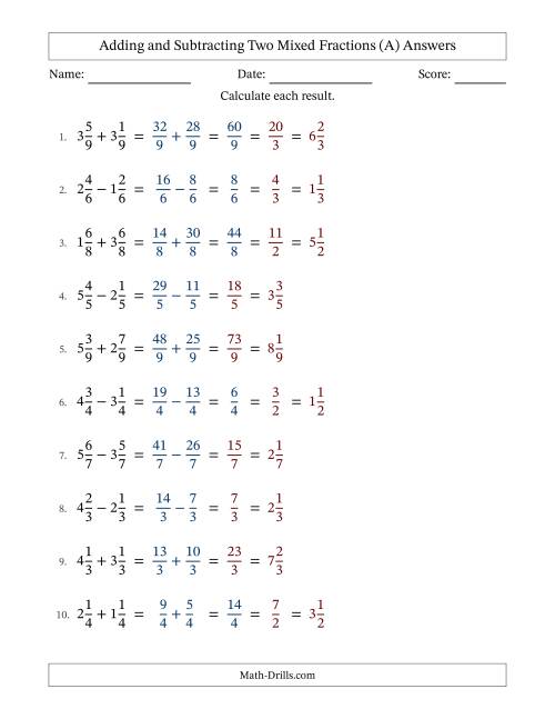 The Adding and Subtracting Two Mixed Fractions with Equal Denominators, Mixed Fractions Results and Some Simplifying (A) Math Worksheet Page 2