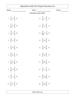 Operations with Two Proper Fractions with Equal Denominators, Proper Fractions Results and No Simplifying