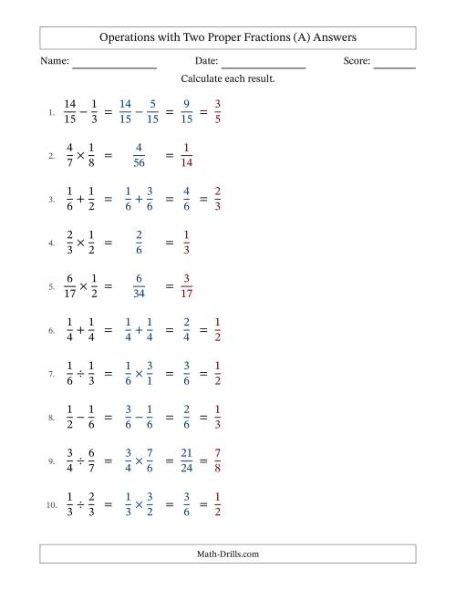 The Operations with Two Proper Fractions with Similar Denominators, Proper Fractions Results and All Simplifying (A) Math Worksheet Page 2