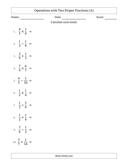 The Operations with Two Proper Fractions with Similar Denominators, Proper Fractions Results and Some Simplifying (A) Math Worksheet
