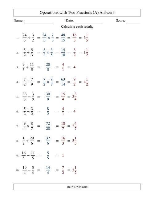 The Operations with Proper and Improper Fractions with Equal Denominators, Mixed Fractions Results and All Simplifying (A) Math Worksheet Page 2